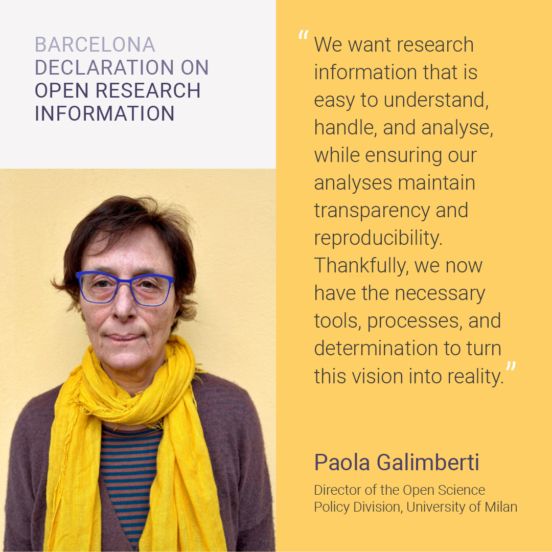 A photo of Paolo Galimberti, Director of the Open Science Policy Division at the University of Milan with accompanying quote: We want research information that is easy to understand, handle, and analyse, while ensuring our analyses maintain transparency and reproducibility. Thankfully, we now have the necessary tools, processes, and determination to turn this vision into reality.